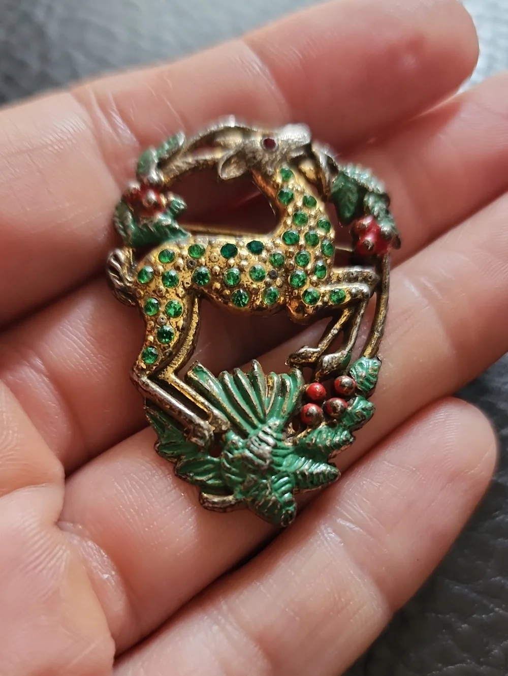 Vintage Green Crystal Reindeer Brooch